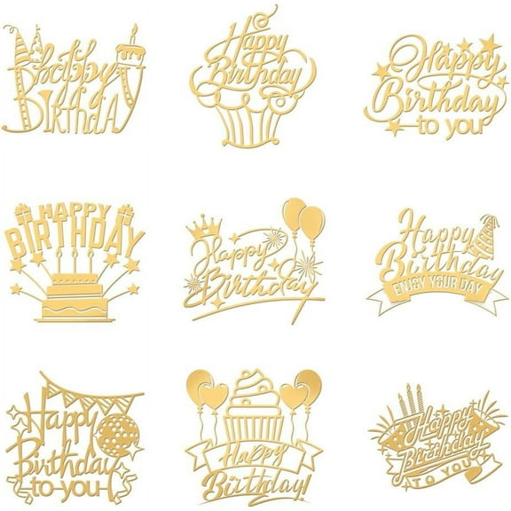 9pcs 1.6x1.6 Inch Gold Metal Happy Birthday Stickers for Scrapbooks DIY Resin Crafts Phone & Water Bottle Decor Golden