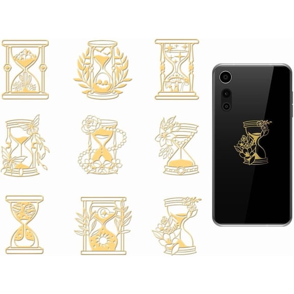 9pcs 1.6x1.6 Inch Gold Metal Stickers Magic Hourglass Metal Sticker Self Adhesive Flower Stickers Fantasy Theme Epoxy Sticker Pyramid Decals