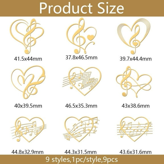 9pcs 1.6x1.6 Inch Golden Metal Stickers Musical Note Metal Stickers Heart Notes Self Adhesive Stickers Music Epoxy Stickers Metal Sticker for DIY Scrapbooks Epoxy Resin Decoration