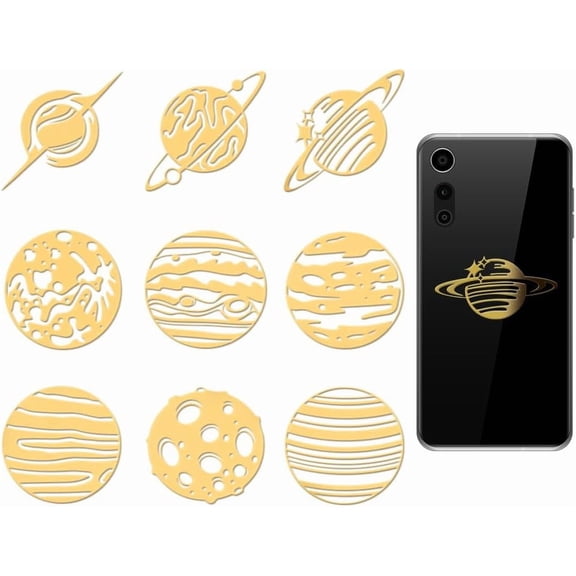 9pcs 1.6x1.6 Inch Golden Metal Stickers Planets Metal Sticker Stars Self Adhesive Stickers Planet Theme Epoxy Sticker
