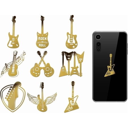 9pcs 1.6x1.6 Inch Guitar Pattern Metal Stickers Rock and Roll Self Adhesive Gold Stickers Music Theme Metal Gold Stickers for Scrapbooks DIY Resin Crafts Phone Decor for DIY