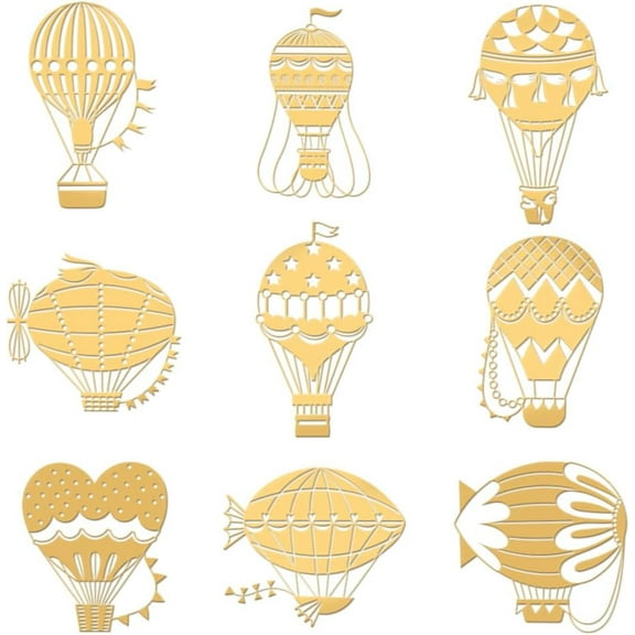 9pcs 1.6x1.6 Inch Hot Air Balloon Stickers Balloon Self Adhesive Gold Stickers Various Hot Air Balloon Metal Gold Stickers for Scrapbooks DIY Resin Crafts Phone Water Bottle Decor Golden 1Set