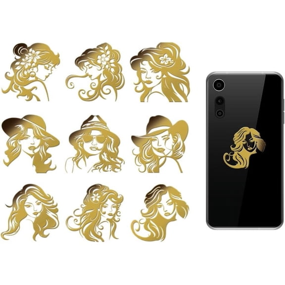 9pcs 1.6x1.6 Inch Human Pattern Metal Stickers Long Hair Woman Self Adhesive Gold Stickers Human Theme Metal Gold Stickers for Scrapbooks DIY Resin Crafts Phone Decor gold