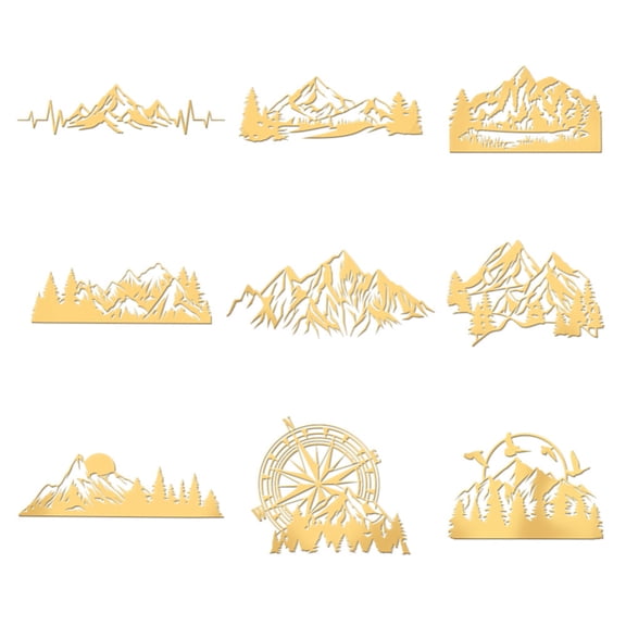 9pcs 1.6x1.6 Inch Mountain Pattern Metal Stickers Forest Self Adhesive Gold Stickers Compass Bird Metal Gold Stickers Scrapbooks Resin