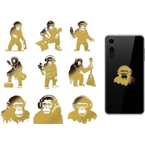 9pcs 1.6x1.6 Inch Orangutan Pattern Metal Stickers Banksy Music Self Adhesive Gold Stickers Animal Theme Metal Gold Stickers for Scrapbooks DIY Resin Crafts Phone Decor for diy