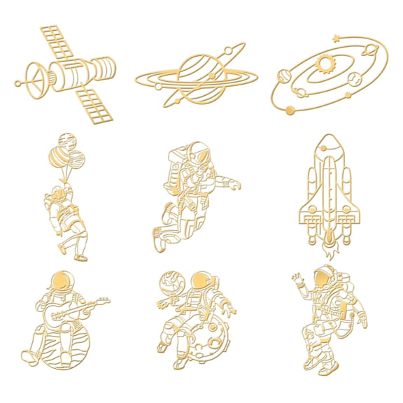 9pcs 1.6x1.6 Inch Scientific Theme Metal Stickers Space Self Adhesive Gold Stickers Astronaut Aircraft Metal Gold Stickers