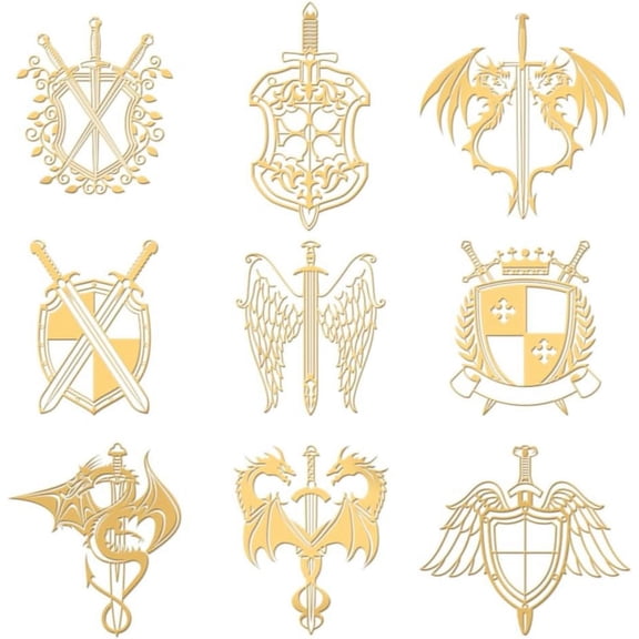 9pcs 1.6x1.6 Inch Shield Stickers Western Dragon Stickers Self Adhesive Gold Metal Sticker Dragon Metal Sticker for Scrapbooks DIY Crafts Phone Decoration