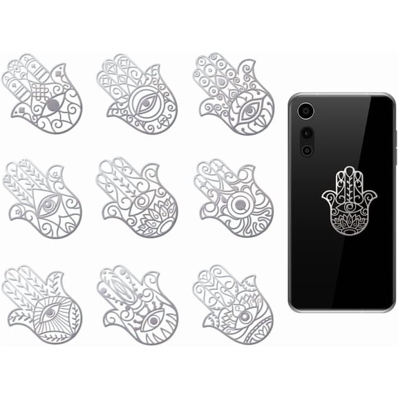 9pcs 1.6x1.6 Inch Silver Metal Sticker Hamsa Hand with Eye Metal Stickers Self Adhesive Stickers Hamsa Hand Epoxy Sticker