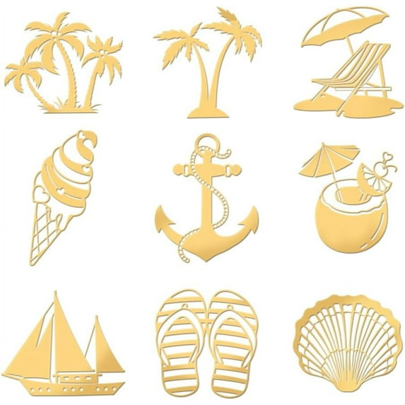 9pcs 1.6x1.6 Inch Summer Theme Stickers Coconut Trees Stickers Self Adhesive Gold Metal Stickers Shells Anchor Metal Stickers for Scrapbooks DIY Crafts Phone Decoration