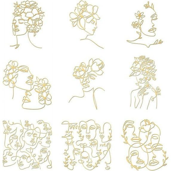 9pcs 1.6x1.6 inch Golden Metal Stickers Boho Flower Stickers Self Adhesive Abstract Women Face Stickers Golden Epoxy Stickers for DIY Scrapbooks Epoxy Resin Art Crafts Water Bottle Decor