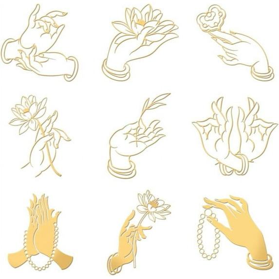 9pcs 1.6x1.6 inch Golden Metal Stickers Buddha's Hands Metal Stickers Self Adhesive Stickers Oriental Theme Epoxy Stickers Lotus Pyramid Sticker for DIY Scrapbooks Epoxy Resin Decoration