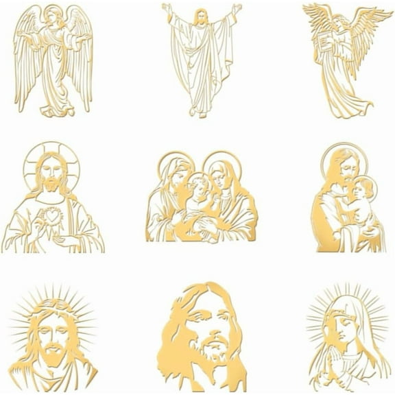9pcs 1.6x1.6 inch Golden Metal Stickers Christianity Metal Stickers Self Adhesive Stickers Religious Theme Epoxy Stickers Nativity Pyramid Sticker for DIY Scrapbooks Epoxy Resin Decoration Golden