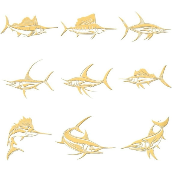 9pcs 1.6x1.6 inch Golden Metal Stickers Fish Metal Stickers Self Adhesive Swordfish Stickers Sailfish Golden Epoxy Stickers Pyramid Sticker for DIY Scrapbooks Epoxy Resin Phone Decoration