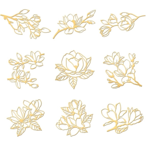 9pcs 1.6x1.6 inch Golden Metal Stickers Magnolia Metal Stickers Self Adhesive Stickers Flower Theme Epoxy Stickers Floral Pyramid Sticker for DIY Scrapbooks Epoxy Resin Decoration