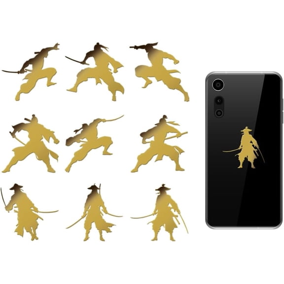 9pcs 1.6x1.6 inch Golden Metal Stickers Ninja Metal Stickers Self Adhesive Stickers Swordsman Silhouette Epoxy Stickers Pyramid Sticker