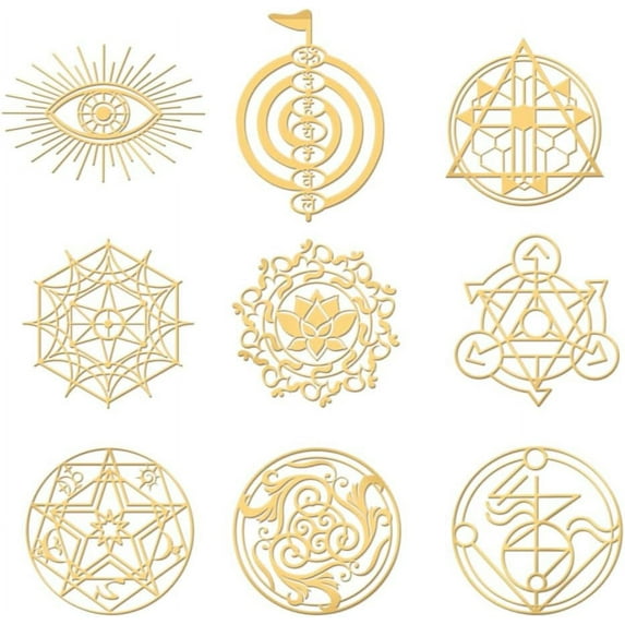 9pcs 1.6x1.6 inch Golden Metal Stickers Sacred Geometric Stickers Self Adhesive Religion Mistery Symbol Stickers Golden Epoxy Stickers for DIY Scrapbooks Epoxy Resin Art Crafts Bottle Decor