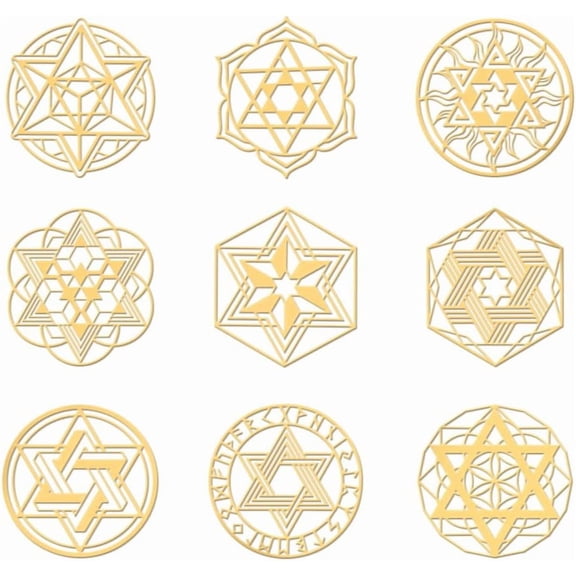 9pcs 1.6x1.6 inch Golden Metal Stickers Star of David Metal Stickers Self Adhesive Stickers Symbolic Theme Epoxy Stickers Star Pyramid Sticker