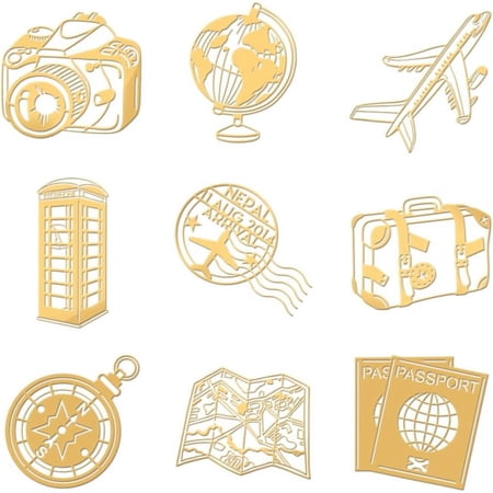 9pcs 1.6x1.6 inch Golden Metal Stickers Travel Theme Stickers Self Adhesive Airplane Map Passport Stickers Golden Epoxy Stickers