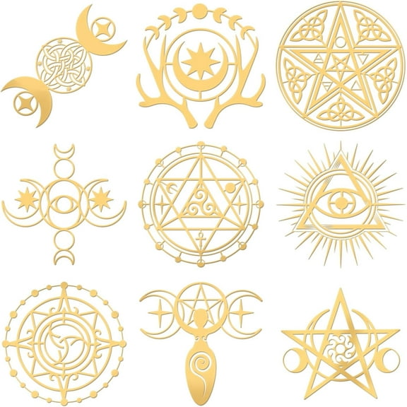 9pcs 1.6x1.6 inch Tarot Theme Stickers Self Adhesive Metal Stickers Witch Symbols Divination Stickers Golden Epoxy Stickers for DIY Scrapbooks Epoxy Resin Art Crafts Water Bottle Decor 1 Set
