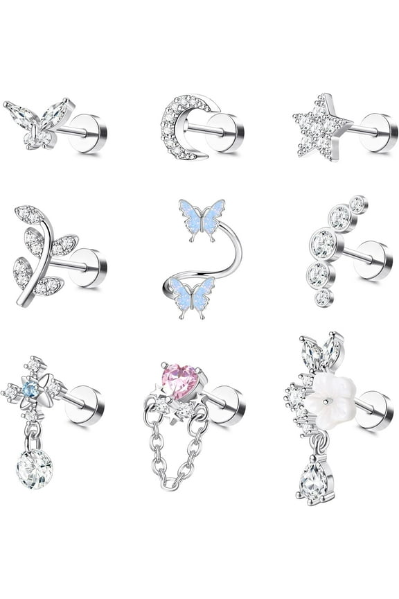 9pcs 16G Cartilage Earrings Helix Earrings for Women, Stainless Steel Helix Piercing Jewelry Leaf Butterfly Studs Flat Back Cartilage Earrings Set