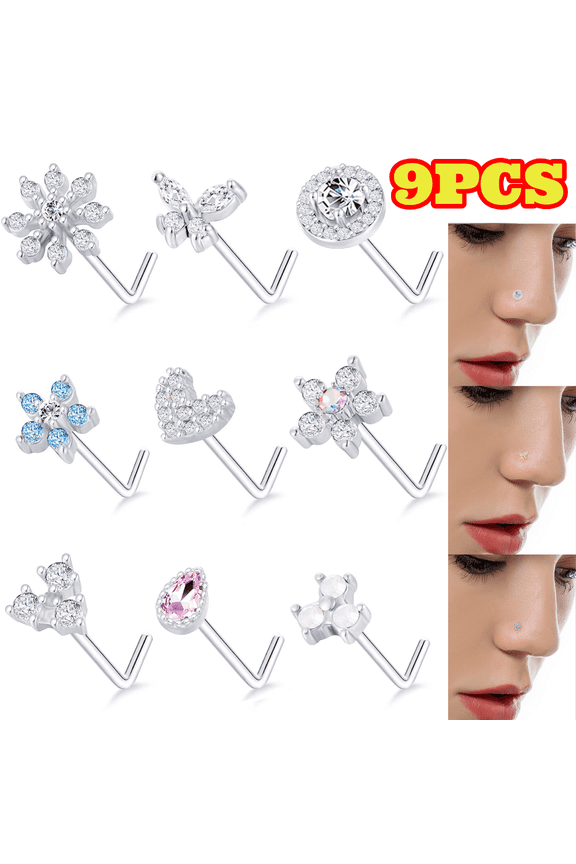 9pcs 20G Nose Rings Stud, Stainless Steel L Shaped Nose Ring, Body Piercing Jewelry for Women Men