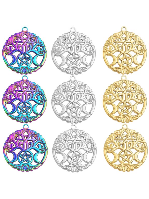 9pcs 3 Colors, Hollow Crescent Moon and Star Charms Triple Moon Goddess Pendants Celestial Pentagram Moon for DIY Necklace Earrings Jewelry Making Decor