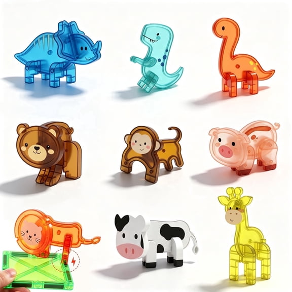 9pcs 3D Assemble Zoo Dinosaur Animal Figures, Matching Play Pieces for Magnetic Building Blocks, Fun Interactive Play Set for Daily Kids Entertainment