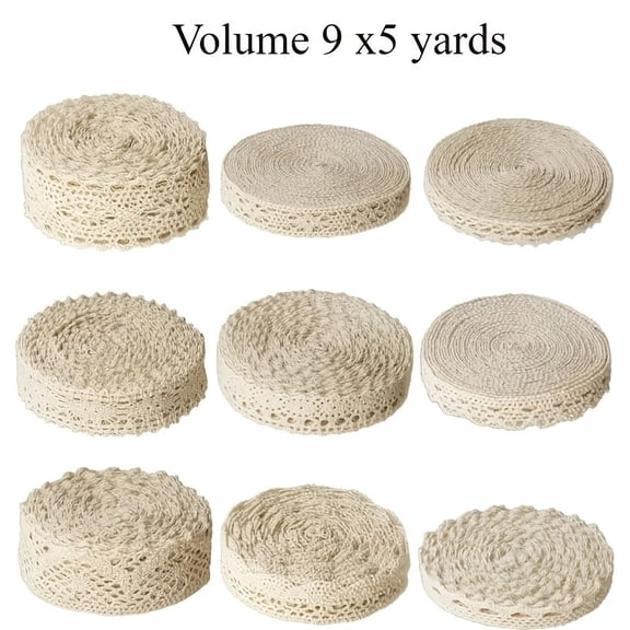 9pcs 45 Yards Total Boho Vintage Lace Ribbons Set, Assorted Crochet Sewing Lace Trim, Beige Cotton Lace Ribbons for DIY Crafts, Gift Wrapping, Wedding Decorations & More