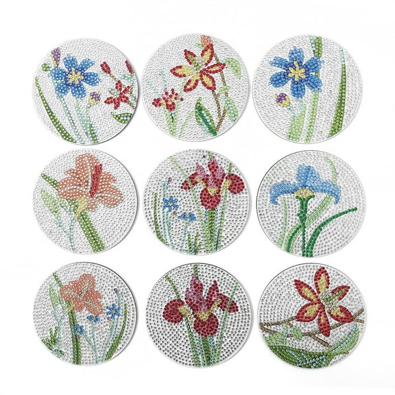 9pcs 5D Diamond Painting Coaster Kit DIY Diamond Art Coaster with Bracket Anti slip Coaster Most Suitable for Beginners, Children, and Adults Handmade Art Home Decoration(Flower)