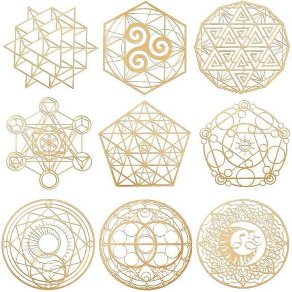 9pcs 9 style Carbon Steel Self-adhesive Picture Stickers Mixed Shapes Golden Mixed Patterns 40x40mm 1pc/style