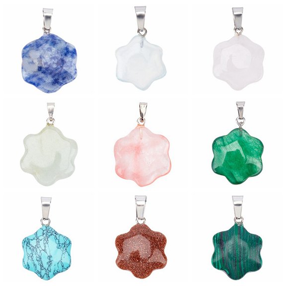 9pcs 9 style Gemstone Pendants with Stainless Steel Snap on Bails Flower 25x19x6mm Hole: 2.5x6mm 1box