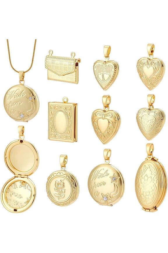 9pcs 9 styles 18K Gold Plated Locket Pendants Brass Photo Heart Frame Pendants Oval/Flower/Bag/Book/Round Shape Memory Locket Charms for DIY Necklace Bracelet Jewelry Making 15~35x13~25.5x4~9.5mm