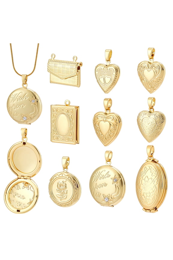 9pcs 9 styles 18K Gold Plated Locket Pendants Brass Photo Heart Frame Pendants Oval/Flower/Bag/Book/Round Shape Memory Locket Charms
