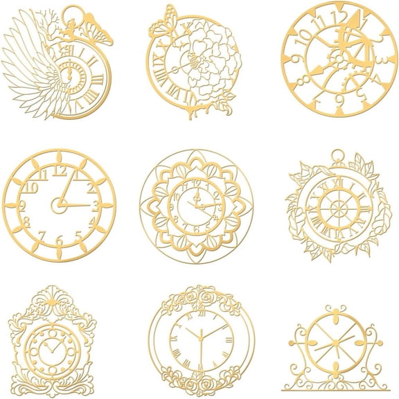 9pcs 9 styles Carbon Steel Self-adhesive Picture Stickers Clock Pattern 40x40mm 1pc/style