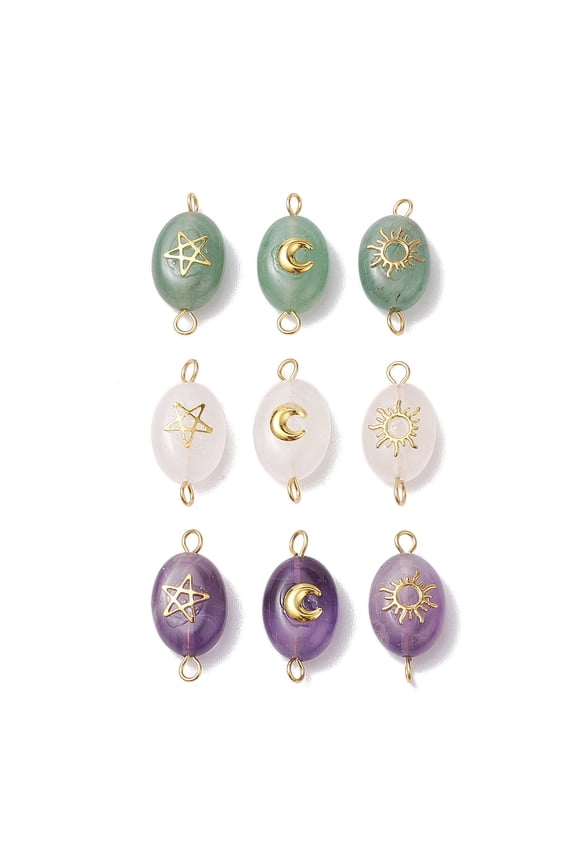 9pcs 9 styles Natural Rose Quartz & Green Aventurine & Amethyst Connector Charms Oval Links with Golden Tone Sun & Moon & Star Brass Slices 19.5~20.5x9.5~10x6mm Hole: 1.5~2mm 1pc/style