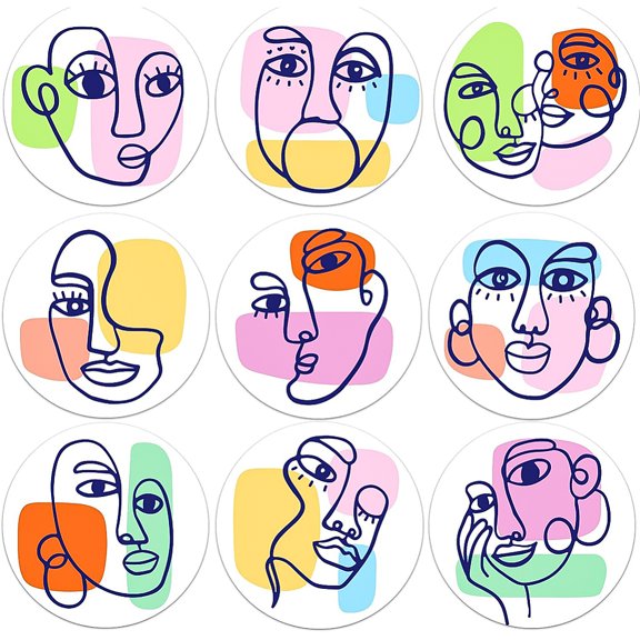 9pcs Abstract Face Wood Coasters Creative Geometric Line Characters Wood Drink Coaster Coffee Cup Mat for Kitchen Table Bar Cup Home Dining Decor 4" Diameter 5mm Thick 1set