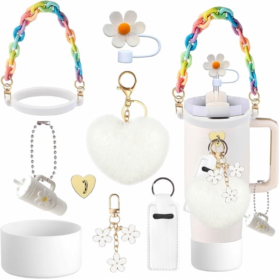 9pcs Accessories Set for Stanley Cup, Including Bottle Handle Strap, Straw Covers, Boot, Keychains, Lip Balm Sleeve and Mini Handle Charm, Fits 20/30/40 oz Stanley Tumblers(white)