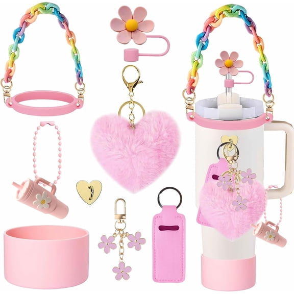 9pcs Accessories Set for Stanley Cup, Including Bottle Handle Strap, Straw Covers, Boot, Keychains, Lip Balm Sleeve and Mini Handle Charm, Fits 20/30/40 oz Stanley Tumblers(pink)