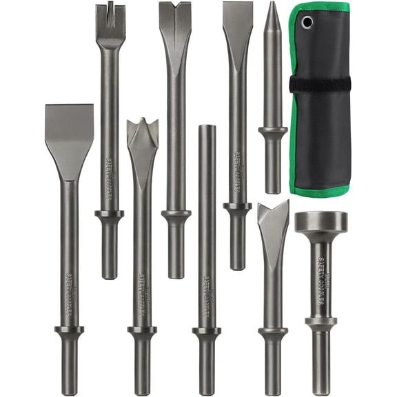 9pcs Air Hammer Chisel Set, 0.401" Shank Pneumatic Hammer Bits with Canvas Pouch, Air Punch Chipping Chisel Attachments for Auto Body Repair, Rivet Tile Masonry Rust Removal, Concrete Stone Demolitio