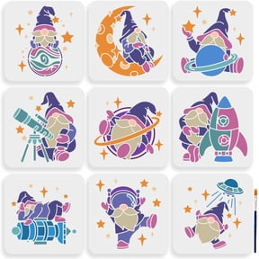 9pcs Astronaut Gnome Stencils 7.87.8inch Large Space Theme Gnome Stencil with Paint Brush Planet Moon Telescope Rocket UFO Template
