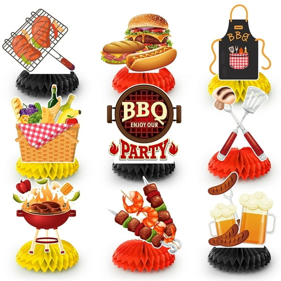 9pcs BBQ Baby Shower Centerpieces, Summer BBQ Centerpieces Summer BBQ Table Decor BBQ Theme Honeycomb Centerpieces for Picnic Party Decorations Supplies Summer Barbecue Holidays Supplies