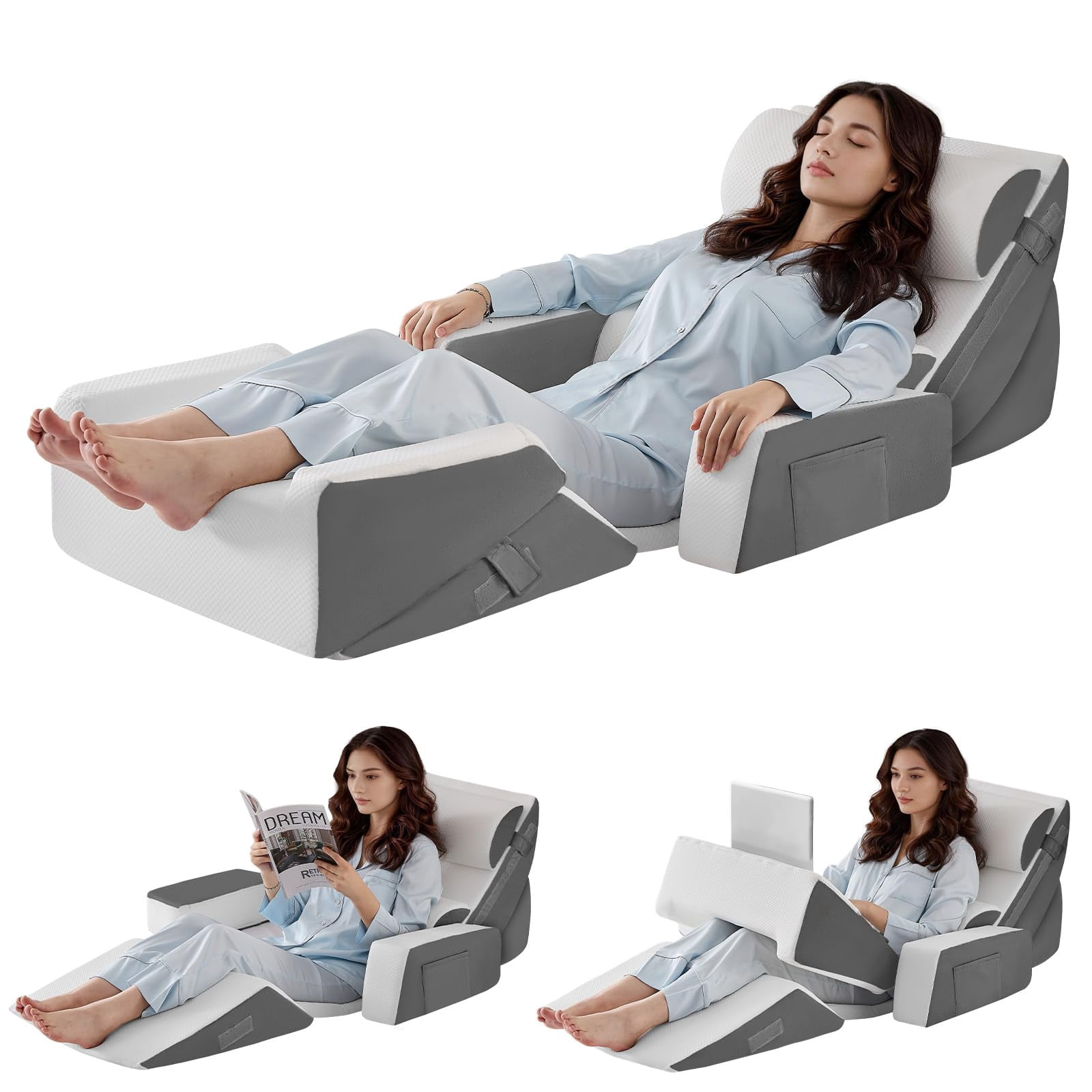 9pcs Bed Wedge Pillow Set For Sleeping  And Leg Foam Body Triangle Adjustable Support - Acid Reflux Pillows Grey