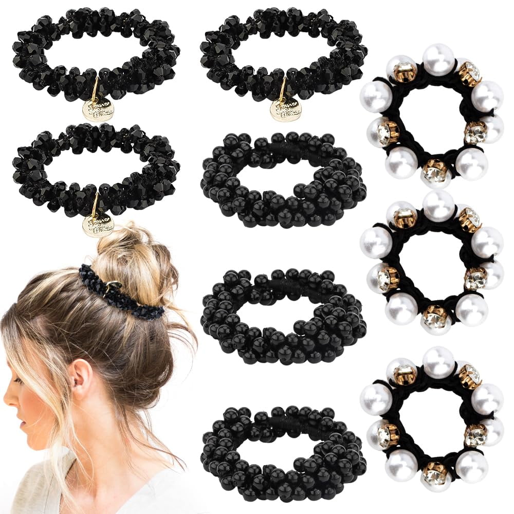 9pcs Black Hair Ties Elastic Hair Scrunchies Hold Crystal Pearls Beads Bulk Hair Ropes Stretchy Handmade Hair Accessories For Women Girls,diy Hand Tools Kits,springtok