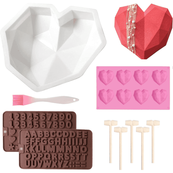 9pcs Breakable Heart Mold Kit for Chocolate with Hammer, 8 Cavity Diamond Shaped Silicone Molds for Baking, 8.8" Large Valentine Candy Making