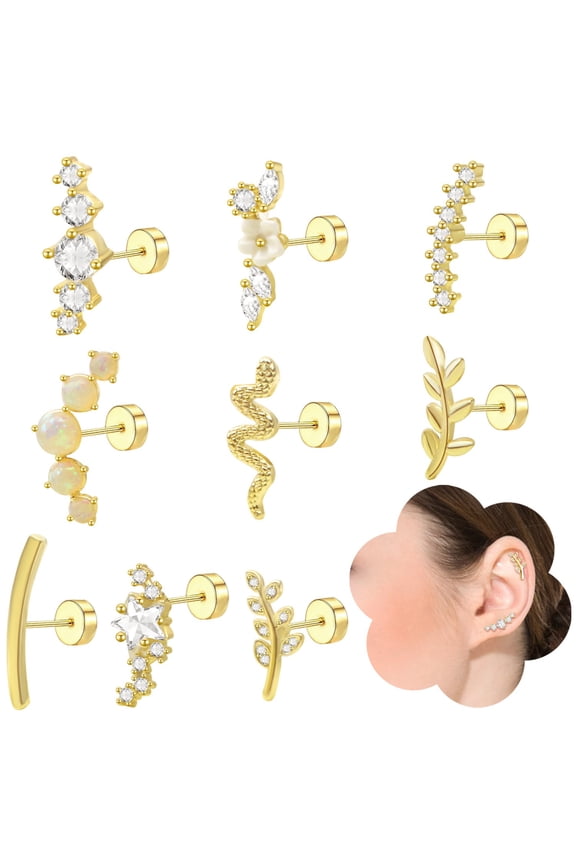 9pcs Cartilage Earrings Helix Piercing 14K Golden Plated Stainless Steel Opal CZ Conch Daith Tragus Piercing Jewelry Snake Leaf Screw Flat Back Stud Earrings Set for  Sensitive Ears
