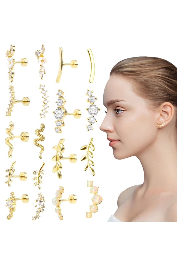 9pcs Cartilage Earrings Helix Piercing 14K Golden Plated Stainless Steel Opal CZ Conch Daith Tragus Piercing Jewelry Snake Leaf Screw Flat Back Stud Earrings Set for  Sensitive Ears