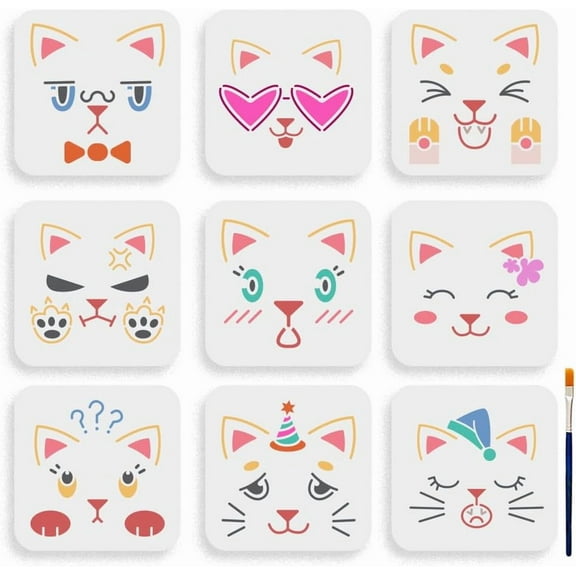 9pcs Cat Emotion Stencil 66inch Cute Cat Face Stencil Reusable Animal Pet Cat Themes Drawing Template with Paint Brush for Art Crafts Canvas Furniture Wall Wood diy