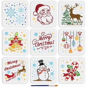 9pcs Christmas Stencils Template 66inch Merry Christmas Template with Paint Brush Tree Ball Snowflake Santa Claus Bell Reindeer Stencil for Window Glass Christmas Cards Gifts Colorful