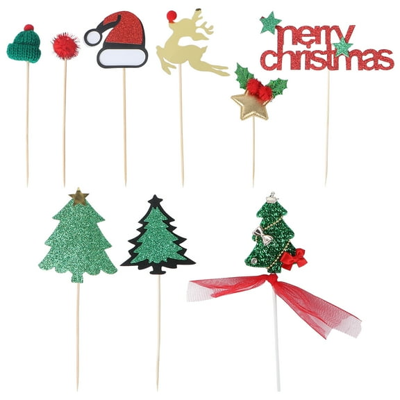 9pcs Christmas Themed Cake Topper Adorable Party Cake Decor Cartoon Cake Fruit Decorative Topper for Decoration