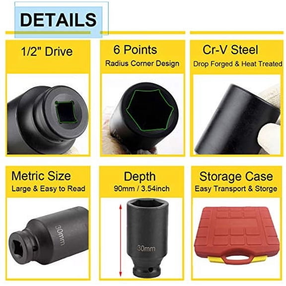 9pcs Deep Impact Socket Set 1/2" Drive Metric 29-38mm 6 Point 90mm Deep Spindle Axle Nut Impact Socket Set Cr-V Steel Heavy Duty Portable Socket Set with Storage Case